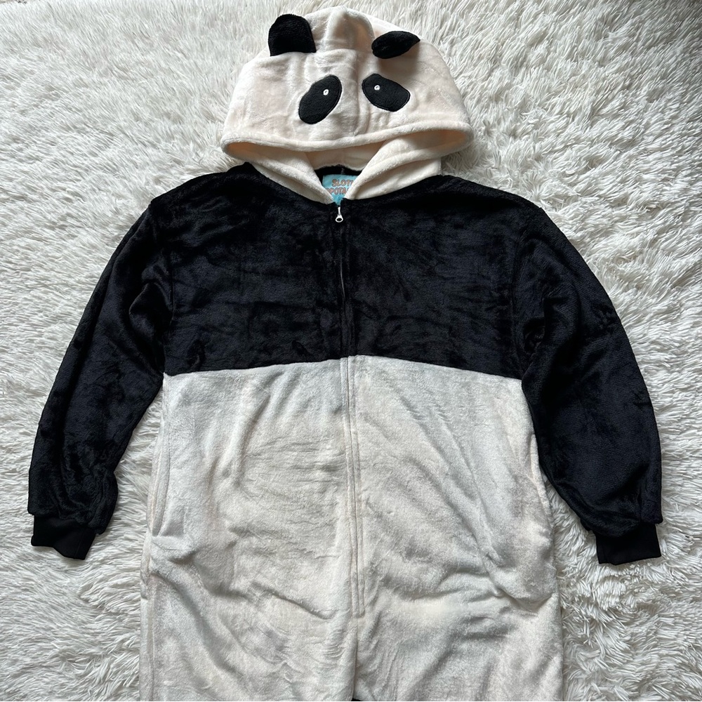 New Panda Onesie Pajama Jumpsuit Adult S Hooded Full Zip Black White Costume